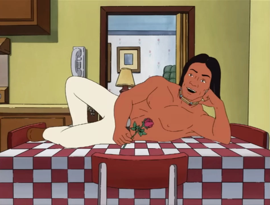 John Redcorn posing shirtless on Nancy Gribble's dinner table